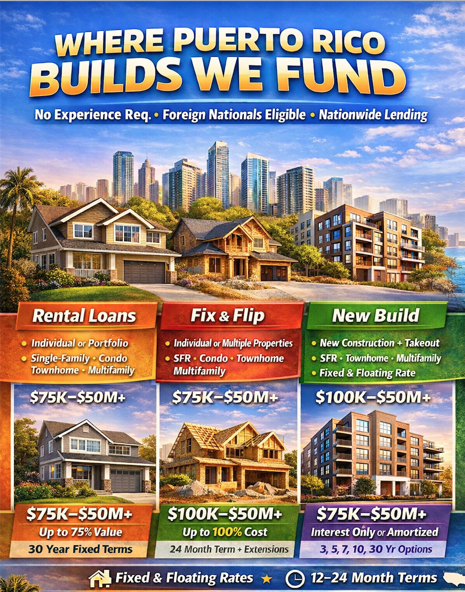 Rental Loans — $75,000 to $50,000,000, up to 75% of
                property value (LTV) Fix and Flip — $75,000 to
                $50,000,000, up to 100% of cost New Construction —
                $75,000 to $50,000,000: interest-only or amortized over
                3, 5, 7, 10, or 30 years Fixed and variable rates